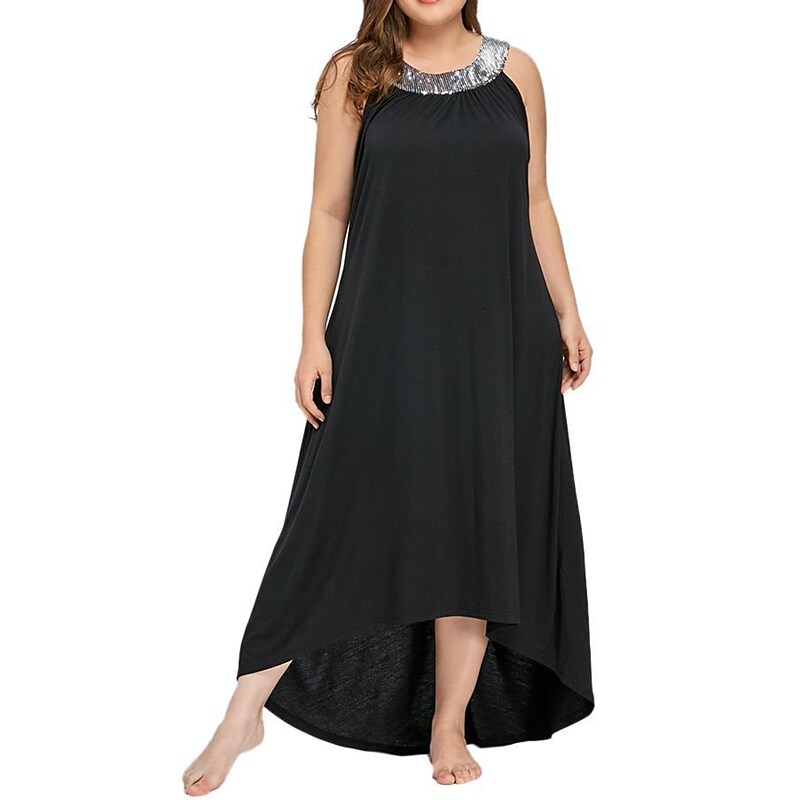 flowersverse Women's Plus Size Casual Dress Swing Dress Solid Color Long Dress Maxi Dress Sleeveless Asymmetric Crew Neck Fashion Party Black Red Fall Spring XL XXL 3XL