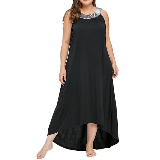 flowersverse Women's Plus Size Casual Dress Swing Dress Solid Color Long Dress Maxi Dress Sleeveless Asymmetric Crew Neck Fashion Party Black Red Fall Spring XL XXL 3XL
