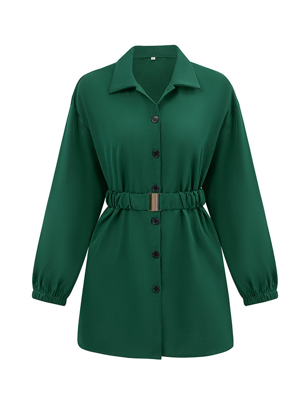 flowersverse Belted Solid Color Loose Lapel Shirts Tops Blouses&shirts Tops