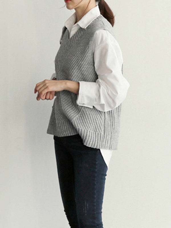 flowersverse Casual Sleeveless Loose Solid Color V-Neck Vest Outerwear