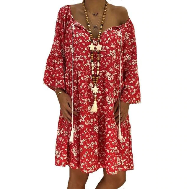 flowersverse Summer Women Boho Floral Long Sleeve Dress Holiday Beach Shirt Dress Ladies Print Mini Dress Plus Size