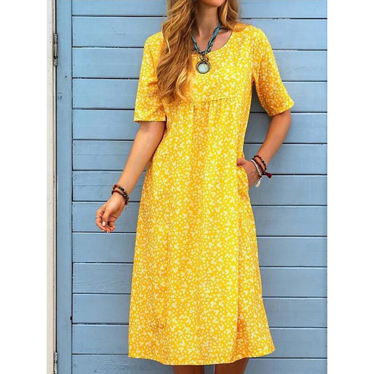 flowersverse Women's Casual Dress Floral Dress Print Dress Floral Pocket Print U Neck Midi Dress Active Fashion Outdoor Daily Short Sleeve Loose Fit Yellow Blue Orange Spring Summer S M L XL XXL