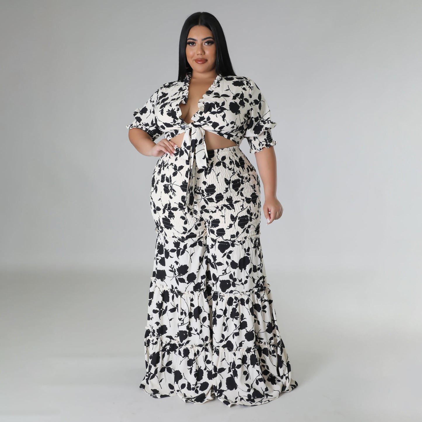 flowersverse Women's Lace-Up Printed Two-Piece Suit Wide Leg Pants Plus Size