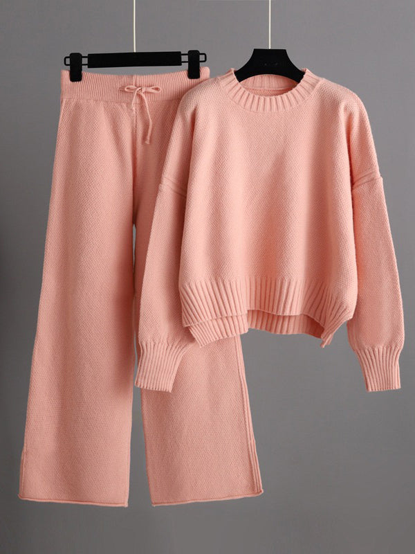 flowersverse Urban Loose Long Sleeves Solid Color Round-Neck High-Low Sweater Tops & Wide Leg Pants Suits