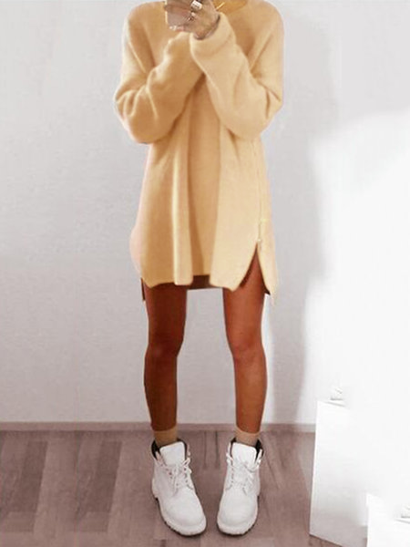 flowersverse Women Fluffy Zipper Long Sleeve Casual Plus Size Sweater Dress