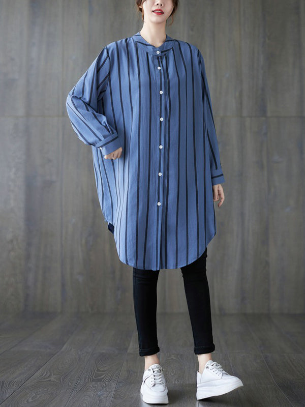 flowersverse Buttoned Striped Long Sleeves Loose Blouses&Shirts Tops