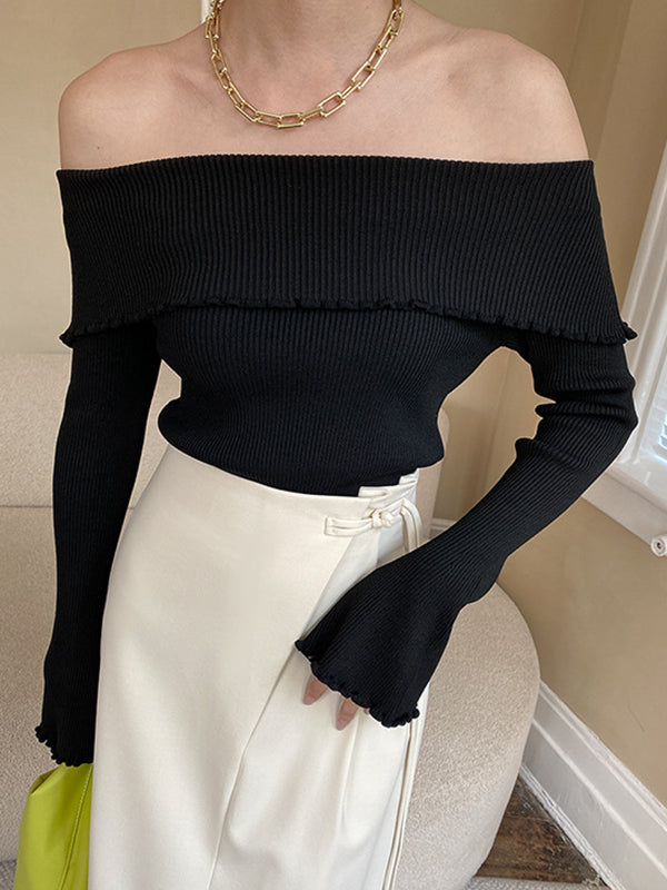 flowersverse Falbala Solid Color Long Sleeves Skinny Off-the-shoulder Sweater Tops