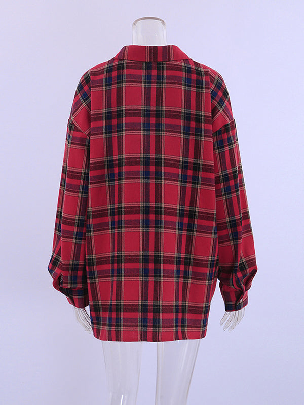 flowersverse Buttoned Plaid Long Sleeves Loose Lapel Blouses&Shirts Tops