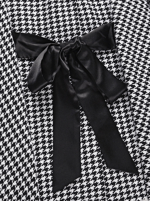 flowersverse Houndstooth Tied Waist Batwing Sleeves Long Sleeves Stand Collar Outerwear Cape