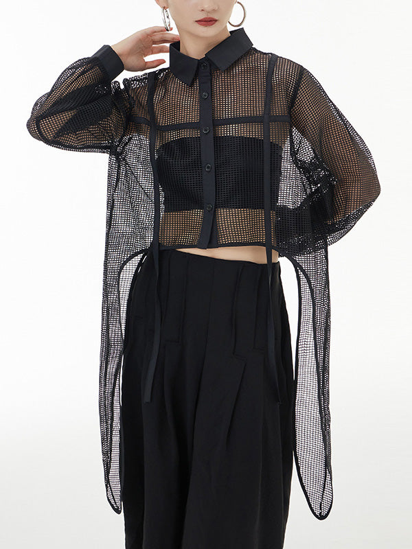 flowersverse Stylish Long Sleeves Loose Mesh See-Through Sun Protection Blouses&Shirts Tops