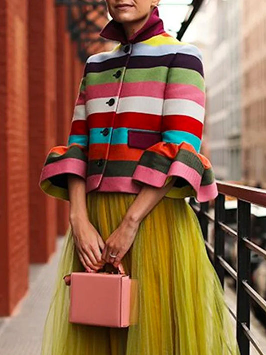 flowersverse Flared Sleeves Multi-Colored Striped Lapel Jackets Outerwear