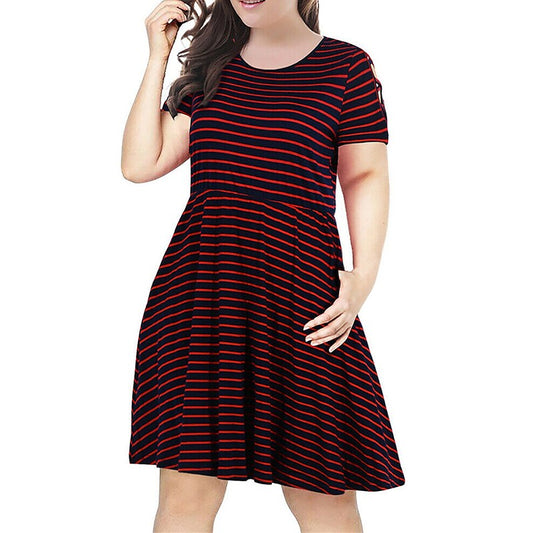 flowersverse Women's Plus Size Casual Dress A Line Dress Stripe Midi Dress Short Sleeve Pocket Crew Neck Fashion Daily White Red Spring Summer XL XXL 3XL 4XL 5XL
