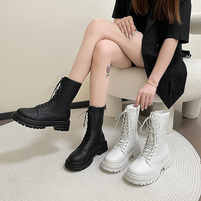 flowersverse Autumn Boots Women's Boots Martin Boots Plus Size Lace Up Boots Daily Walking Zipper Chunky Heel Round Toe Elegant Casual Comfort Walking Shoes Faux Leather Lace-up Solid Color Black White