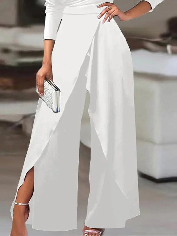 flowersverse Solid Color One-Shoulder Long Sleeves T-Shirt + High-Waisted Wide Leg Pants Trousers Two Pieces Set