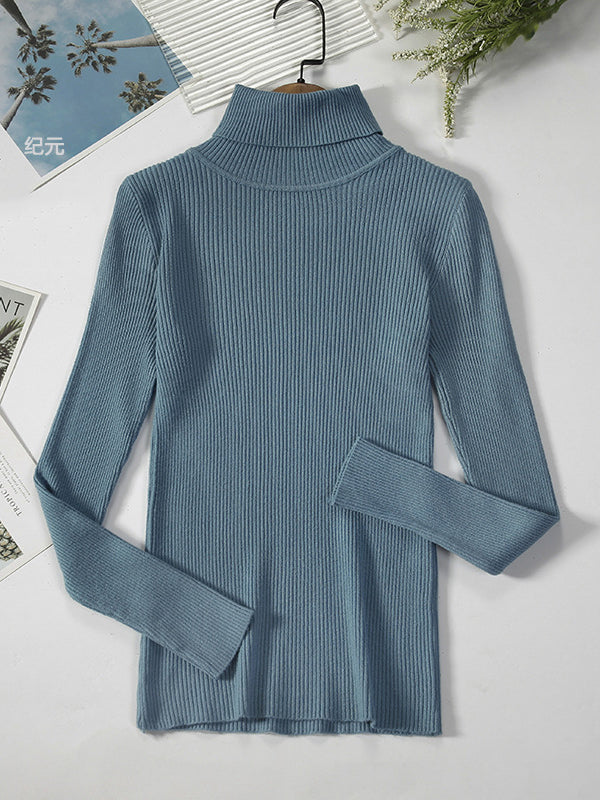 flowersverse Simple Skinny Solid Color High-Neck Sweater Tops