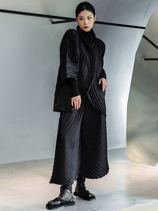 flowersverse Urban Solid Color Pleated Outerwear&Pants Two Pieces Set