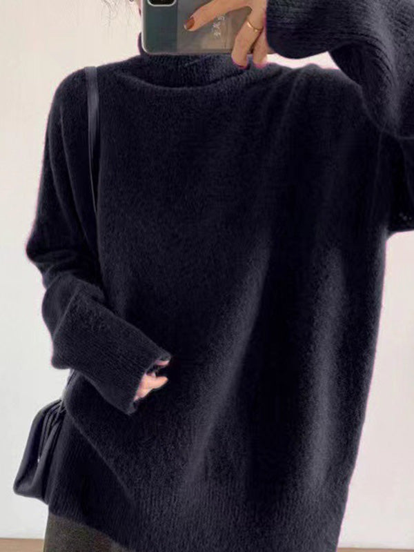 flowersverse Casual Long Sleeves Loose Solid Color High-Neck Sweater Tops