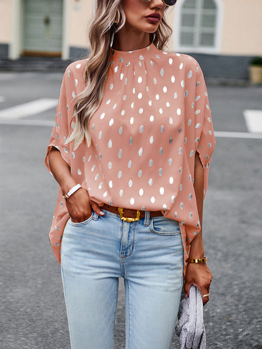 flowersverse Bandage Polka Dot Loose Round-Neck Blouses&Shirts Tops