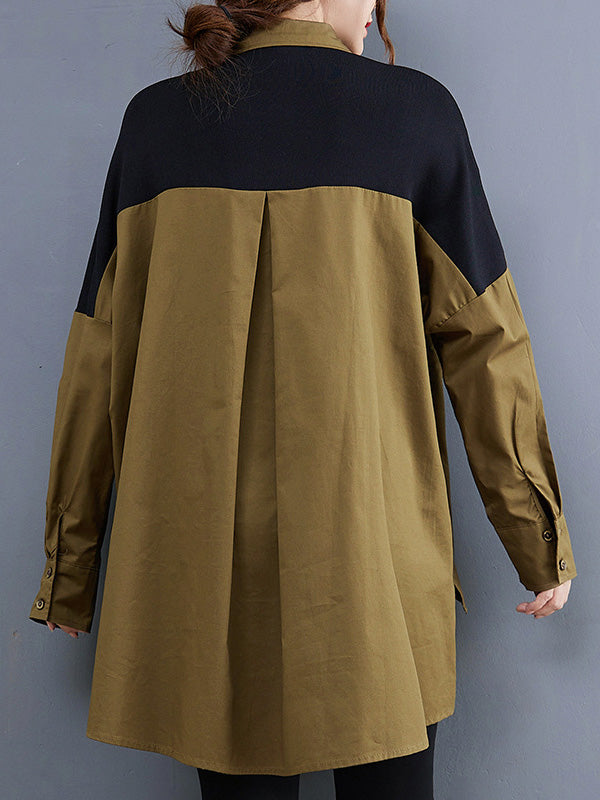flowersverse Artistic Retro Loose Split-Joint With Pocket Buttoned Lapel Collar Long Sleeves False Two Blouse