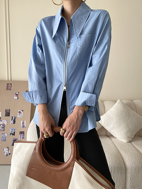 flowersverse Fashion Long Sleeves Solid Color Zipper Lapel Collar Blouses