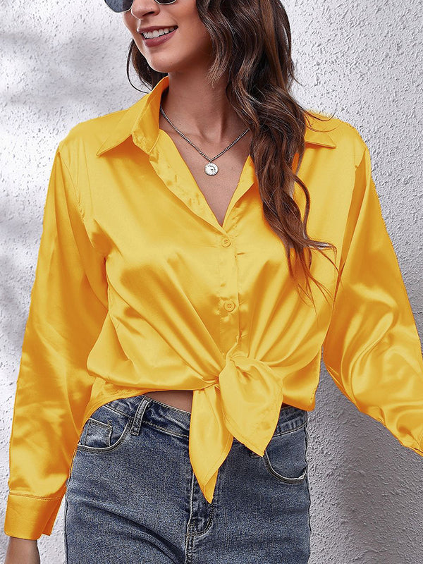 flowersverse Solid Color Long Sleeves Loose Lapel Blouses&Shirts Tops