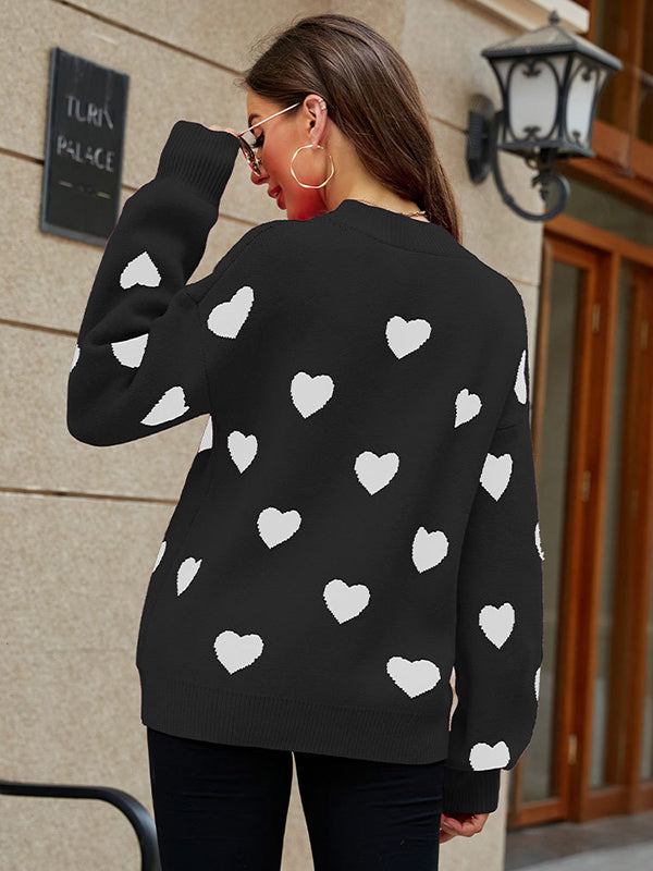 flowersverse Casual Puff Sleeves Loose Heart Shape Sweater Top