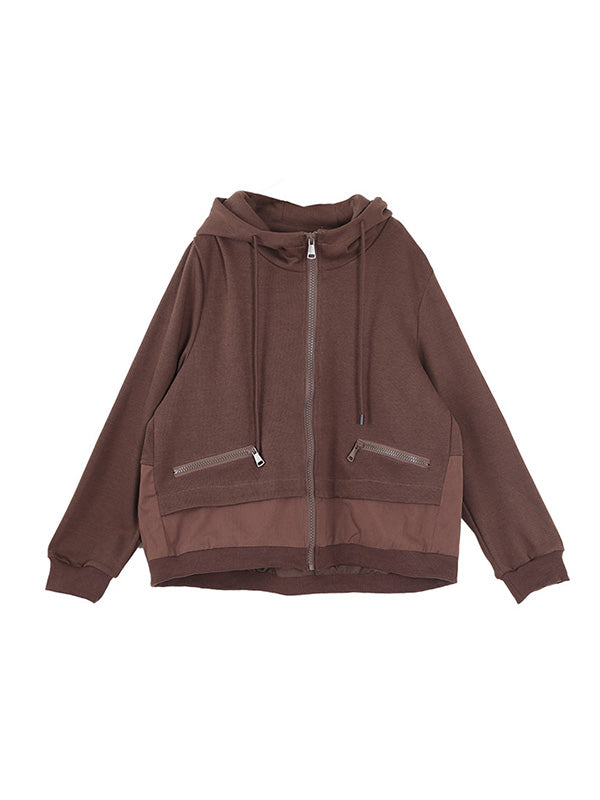 flowersverse Artistic Retro Loose Long Sleeves Solid Color Zipper Hooded Outerwear