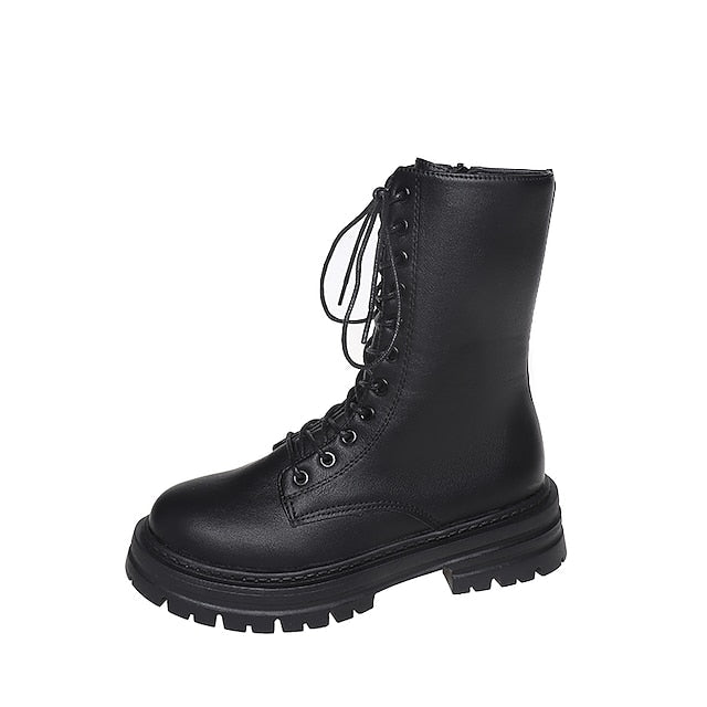 flowersverse Autumn Boots Women's Boots Martin Boots Plus Size Lace Up Boots Daily Walking Zipper Chunky Heel Round Toe Elegant Casual Comfort Walking Shoes Faux Leather Lace-up Solid Color Black White