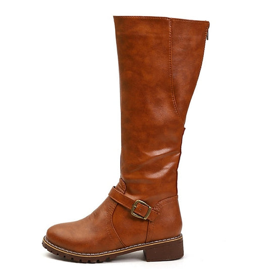 flowersverse Autumn Boots Women's Boots Riding Boots Daily Knee High Boots Winter Buckle Chunky Heel Round Toe Vintage Classic Leather Zipper Solid Colored Black Yellow Brown