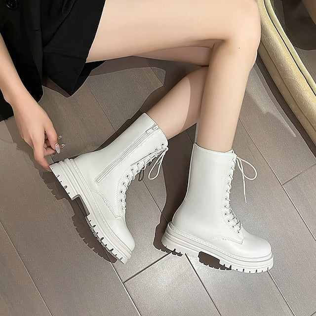 flowersverse Autumn Boots Women's Boots Martin Boots Plus Size Lace Up Boots Daily Walking Zipper Chunky Heel Round Toe Elegant Casual Comfort Walking Shoes Faux Leather Lace-up Solid Color Black White