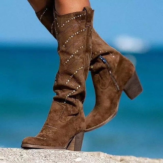 flowersverse Autumn Boots Women's Boots Suede Shoes Work Daily Knee High Boots Winter Rivet Embroidery Block Heel Pointed Toe Elegant Casual PU Leather Zipper Solid Colored Embroidered Black White Yellow