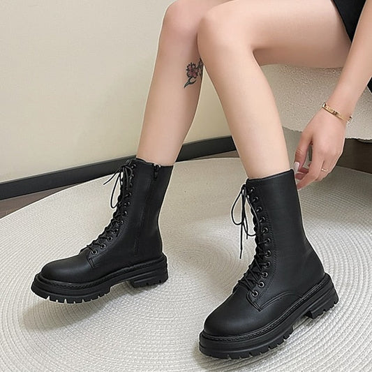 flowersverse Autumn Boots Women's Boots Martin Boots Plus Size Lace Up Boots Daily Walking Zipper Chunky Heel Round Toe Elegant Casual Comfort Walking Shoes Faux Leather Lace-up Solid Color Black White