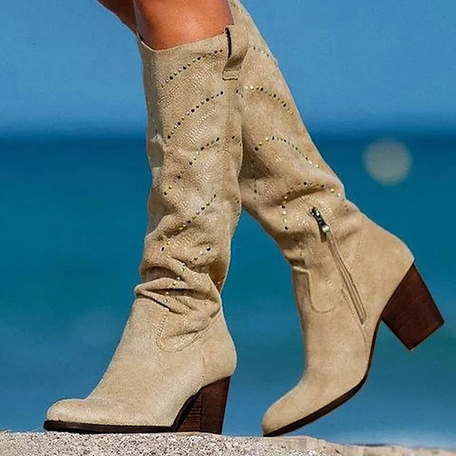 flowersverse Autumn Boots Women's Boots Suede Shoes Work Daily Knee High Boots Winter Rivet Embroidery Block Heel Pointed Toe Elegant Casual PU Leather Zipper Solid Colored Embroidered Black White Yellow