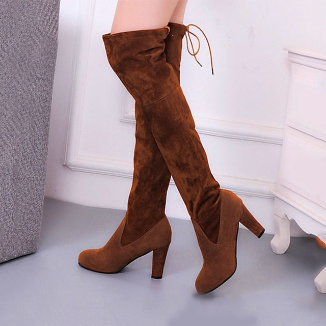 flowersverse Autumn Boots Women's Boots Suede Shoes Heel Boots Daily Over The Knee Boots Winter Lace-up Chunky Heel Round Toe Walking Shoes Suede Loafer Solid Colored Black Red Brown