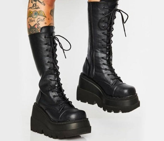 flowersverse Big Size 35-43 Brand Design Ladies High Platform Boots Fashion Zip High Heels Boots Women Wedges Shoes Woman