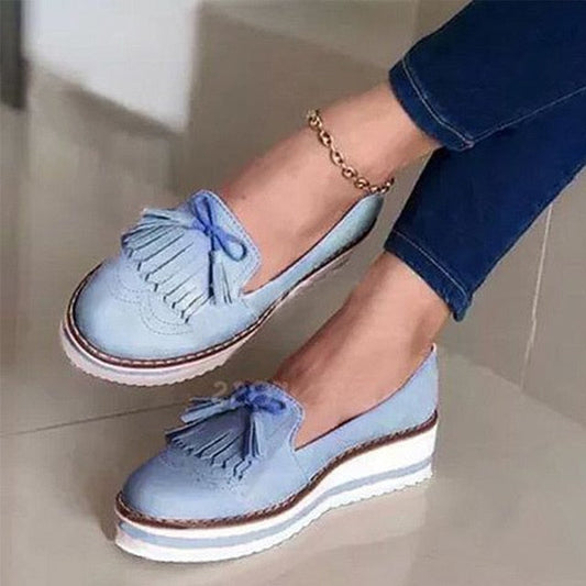 flowersverse Women Tassel Bowtie Loafers Woman Slip On Sneakers Ladies Soft PU Leather Sewing Flat Platform Female Shoes All Seasons