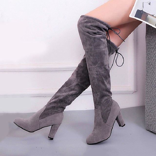 flowersverse Autumn Boots Women's Boots Suede Shoes Heel Boots Daily Over The Knee Boots Winter Lace-up Chunky Heel Round Toe Walking Shoes Suede Loafer Solid Colored Black Red Brown