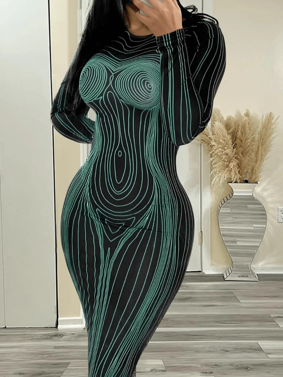 flowersverse Round Neck Striped Bodycon Dress AT802