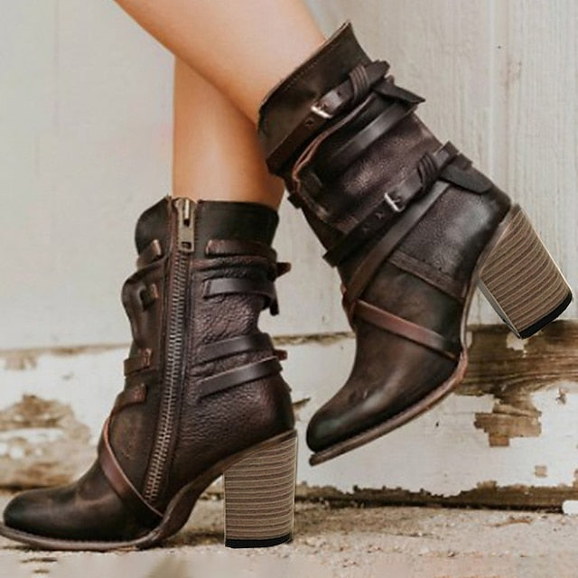 flowersverse Autumn Boots Women's Boots Heel Boots Outdoor Daily Booties Ankle Boots Winter Lace-up High Heel Chunky Heel Round Toe Casual Industrial Style PU Leather Zipper Solid Colored Black Brown Khaki