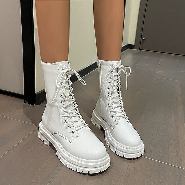 flowersverse Autumn Boots Women's Boots Martin Boots Plus Size Lace Up Boots Daily Walking Zipper Chunky Heel Round Toe Elegant Casual Comfort Walking Shoes Faux Leather Lace-up Solid Color Black White