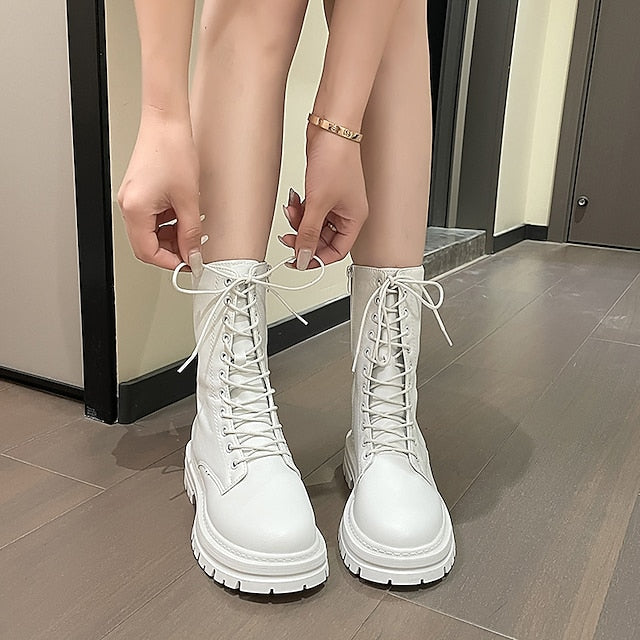 flowersverse Autumn Boots Women's Boots Martin Boots Plus Size Lace Up Boots Daily Walking Zipper Chunky Heel Round Toe Elegant Casual Comfort Walking Shoes Faux Leather Lace-up Solid Color Black White