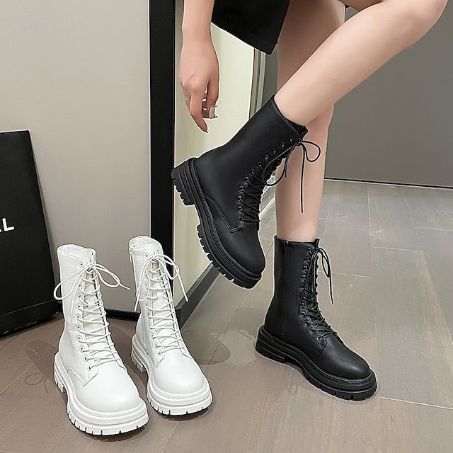 flowersverse Autumn Boots Women's Boots Martin Boots Plus Size Lace Up Boots Daily Walking Zipper Chunky Heel Round Toe Elegant Casual Comfort Walking Shoes Faux Leather Lace-up Solid Color Black White