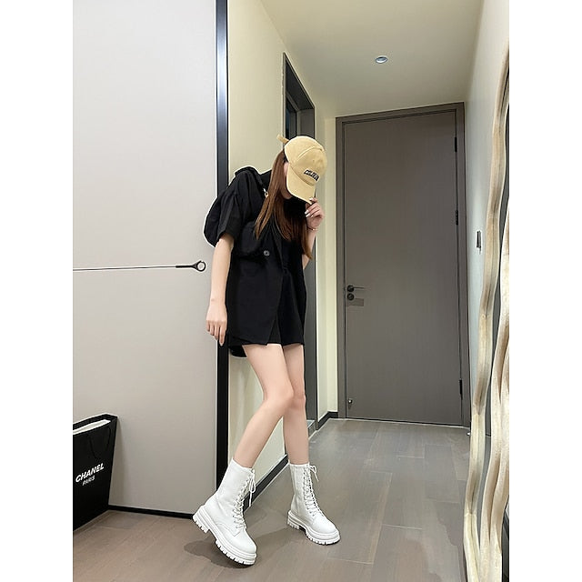 flowersverse Autumn Boots Women's Boots Martin Boots Plus Size Lace Up Boots Daily Walking Zipper Chunky Heel Round Toe Elegant Casual Comfort Walking Shoes Faux Leather Lace-up Solid Color Black White