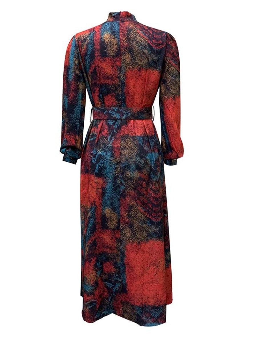 flowersverse Plus Size Tie Neck Mixd Print Belt Design A Line Dress AC2042