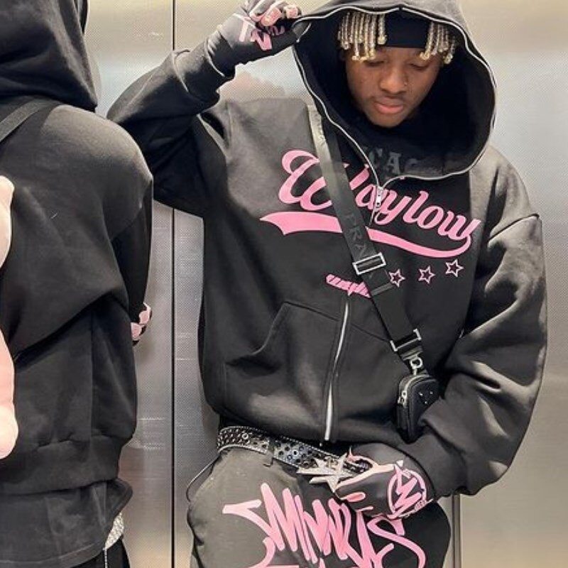 flowersverse Y2K Fashion Symbol print Harajuku Loose Casual Zipper Hoodie man Cardigan Sweatshirt oversized High Streetwear hiphop Warm Tops