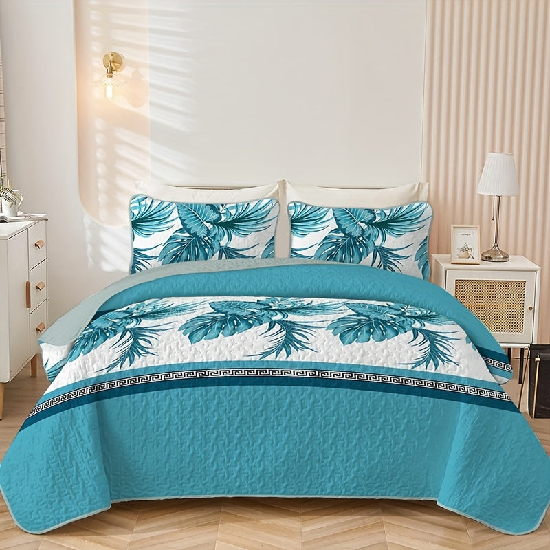 3-Piece Bedspread Set - Soft, Lightweight, and Vibrant Blue Leaf Plant Flower Print - Perfect for Home and Bedroom Decoration, All-Season Comfort