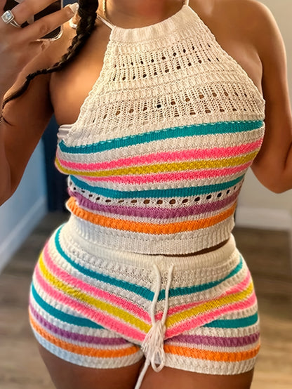 Chic Y2K Striped Set: Halter Top & Drawstring Shorts, Durable & Comfortable, Spring/Summer Essential