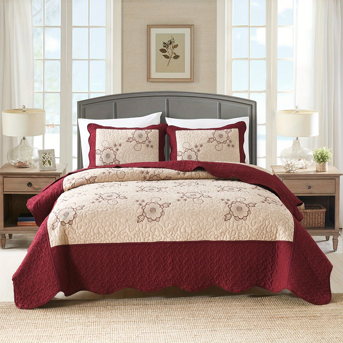 3pcs Red Embroidered Quilted Bedspread Set - Reversible, Soft, Breathable, Comfortable, and Machine Washable - Flower Pattern for Summer, Ideal for Bedroom and Dorm Room