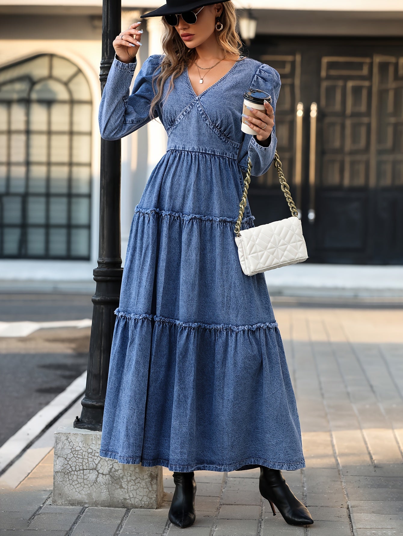 Flattering Long Sleeve Denim Dress with Chic V Neck & Ruffle Hem - Premium Womens Wardrobe Staple