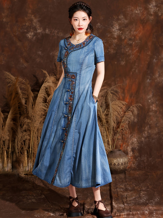 Floral Embroidery Chinese Cheongsam Style Pankou Knots Closure Short Sleeve Elegant Vintage Denim Dress, Women's Denim Jeans & Clothing